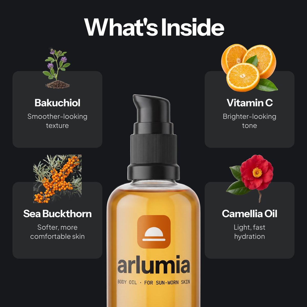 What's inside: bakuchiol, vitamin C, sea buckthorn, camellia oil